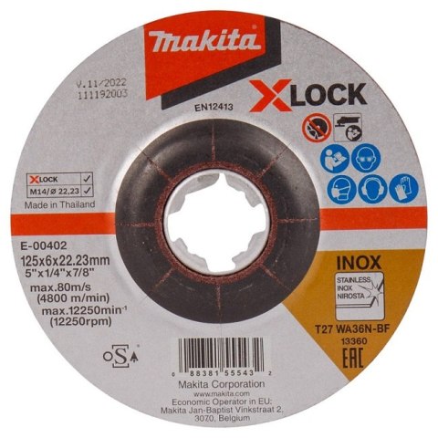 TARCZA SZLIFIERSKA DO METALU 125*6*22MM X-LOCK WA36N