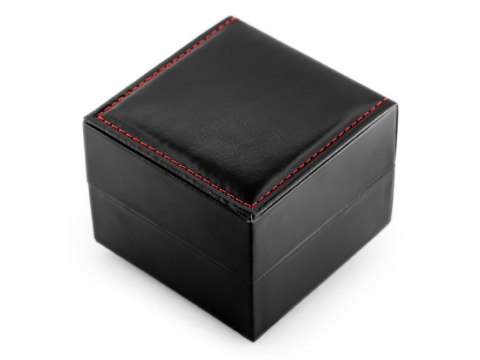 Prezentowe pudełko na zegarek - eko czarne przeszywane czerwoną nicią połysk